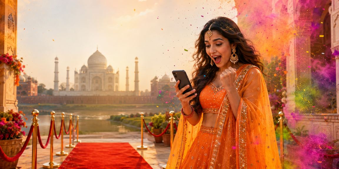 Live casino dealer interacting with players in an Indian themed casino room